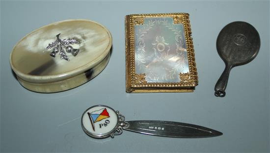 Silver mounted horn snuff box, a gilt metal and mother of pearl aide memoire, miniature mirror and a P.O. book marker (4)